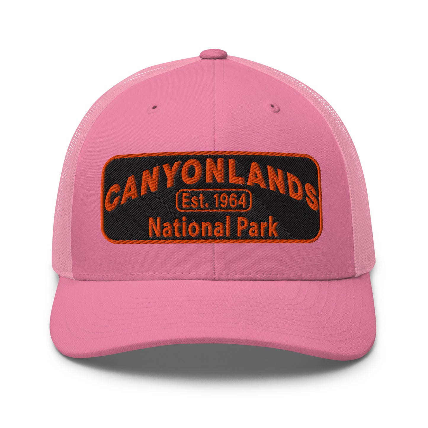 Canyonlands National Park Camo Hat - Black and orange embroidered patch logo - Yupoong 6606 Trucker Hat - Front View - Color: Navy