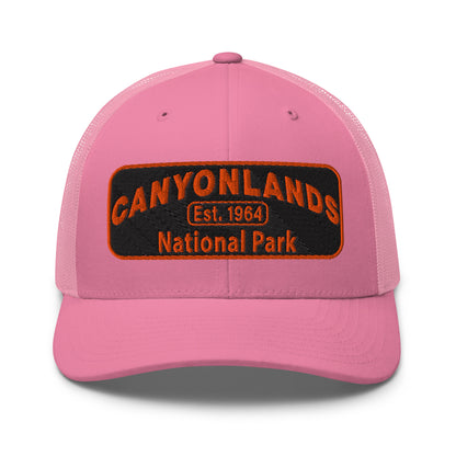 Canyonlands National Park Camo Hat - Black and orange embroidered patch logo - Yupoong 6606 Trucker Hat - Front View - Color: Navy