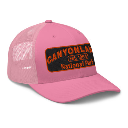 Canyonlands National Park Camo Hat - Black and orange embroidered patch logo - Yupoong 6606 Trucker Hat - Side View - Color: Pink