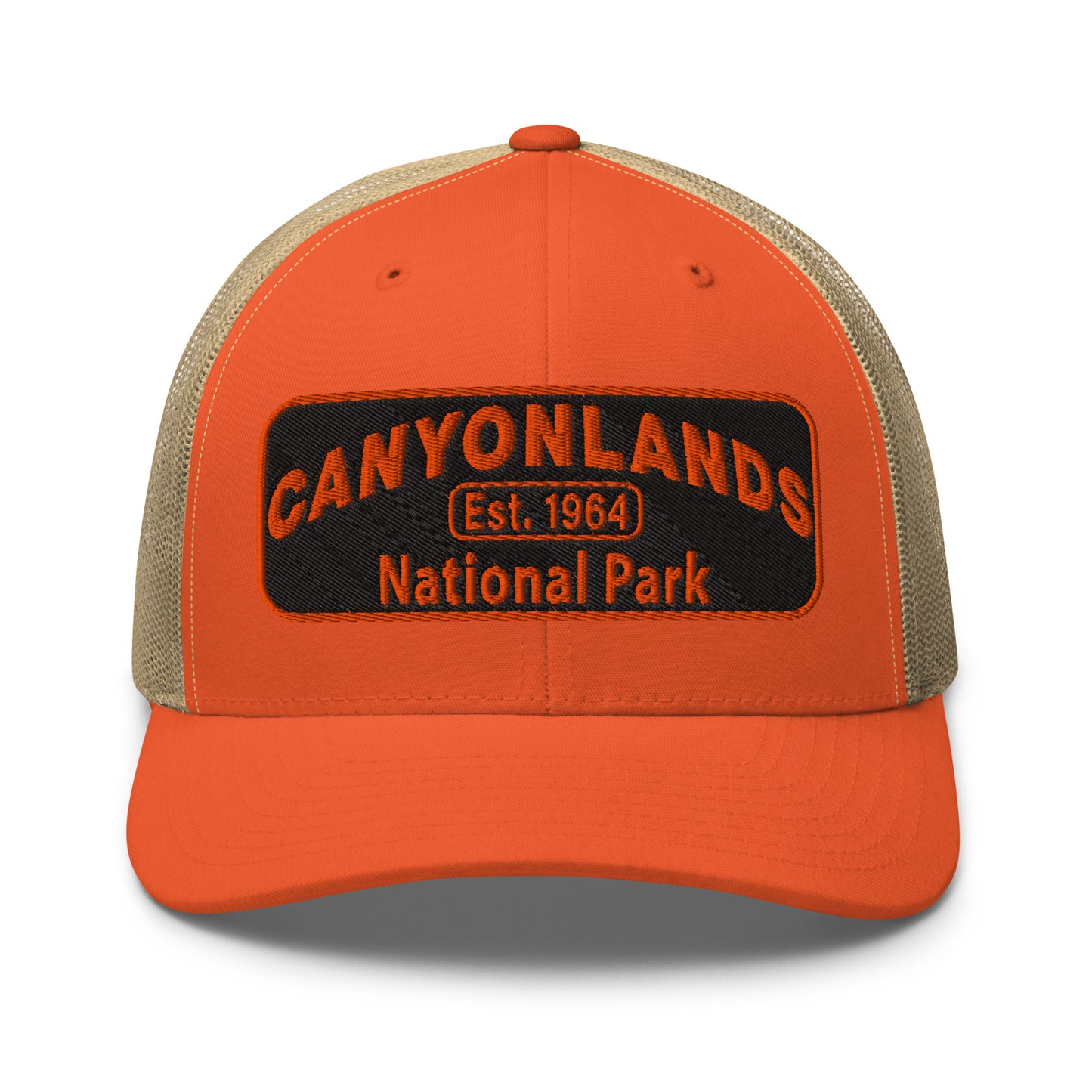 Canyonlands National Park Camo Hat - Black and orange embroidered patch logo - Yupoong 6606 Trucker Hat - Front View - Color: Orange/Khaki