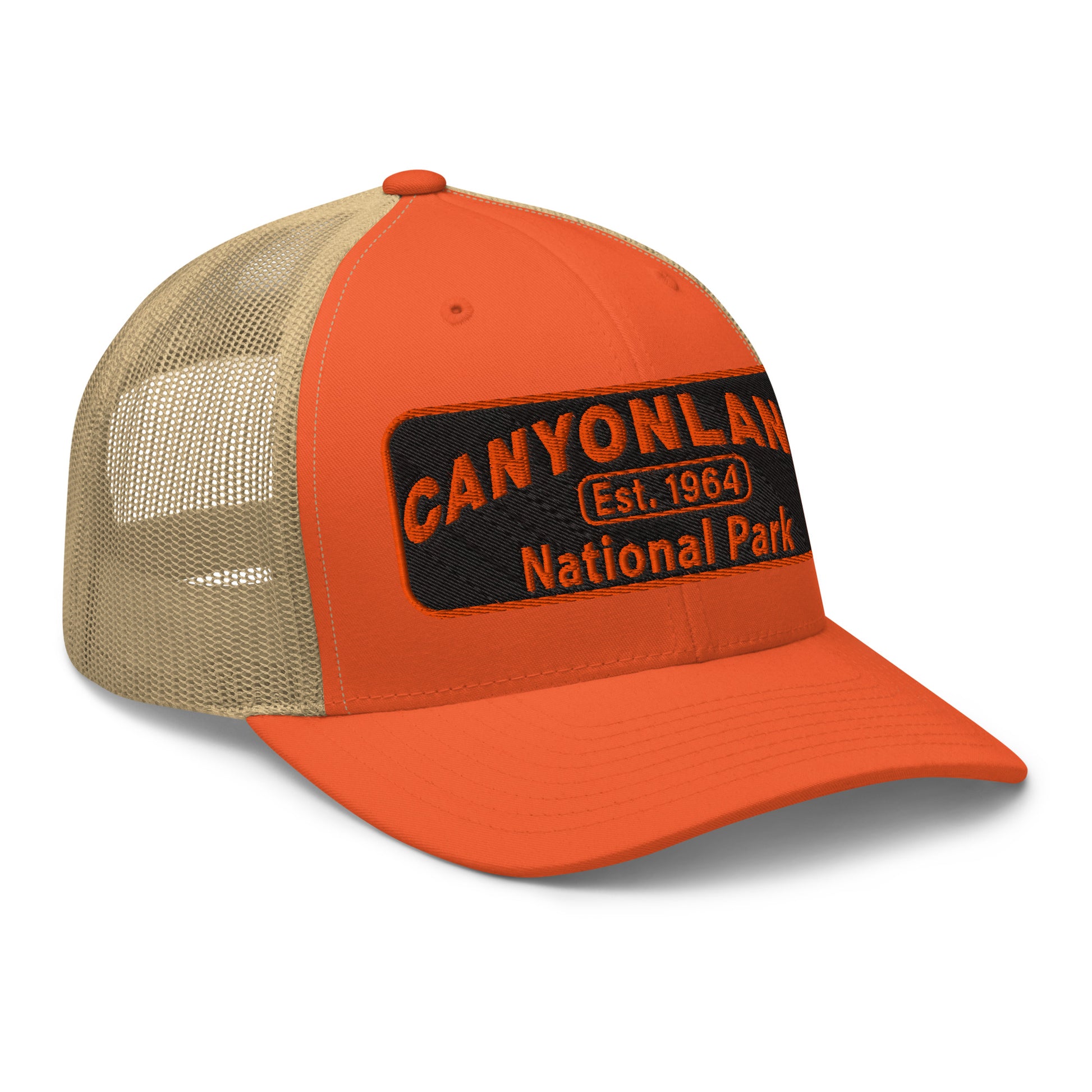 Canyonlands National Park Camo Hat - Black and orange embroidered patch logo - Yupoong 6606 Trucker Hat - Side View - Color: Orange/Khaki