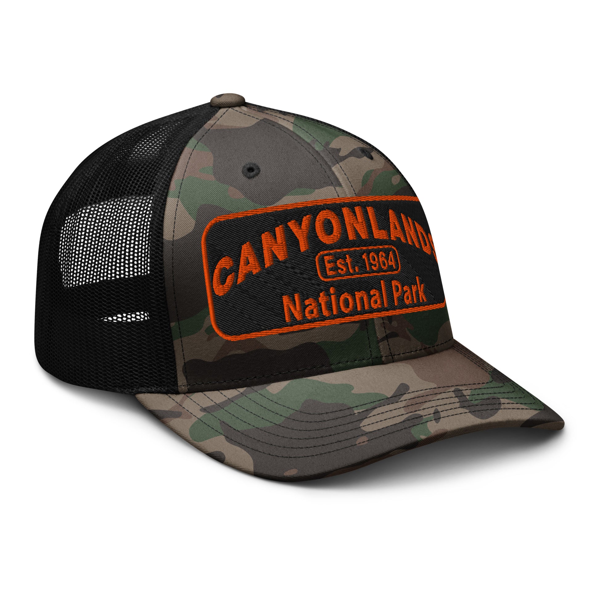 Canyonlands National Park Camo Hat - Black and orange embroidered patch logo -Otto 105-1247 Camo Trucker Hat - Side View - Color: Black/Camo