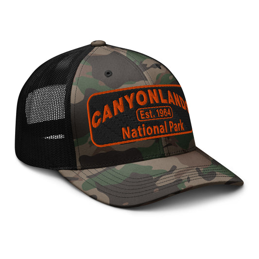 Canyonlands National Park Camo Hat - Black and orange embroidered patch logo -Otto 105-1247 Camo Trucker Hat - Side View - Color: Black/Camo