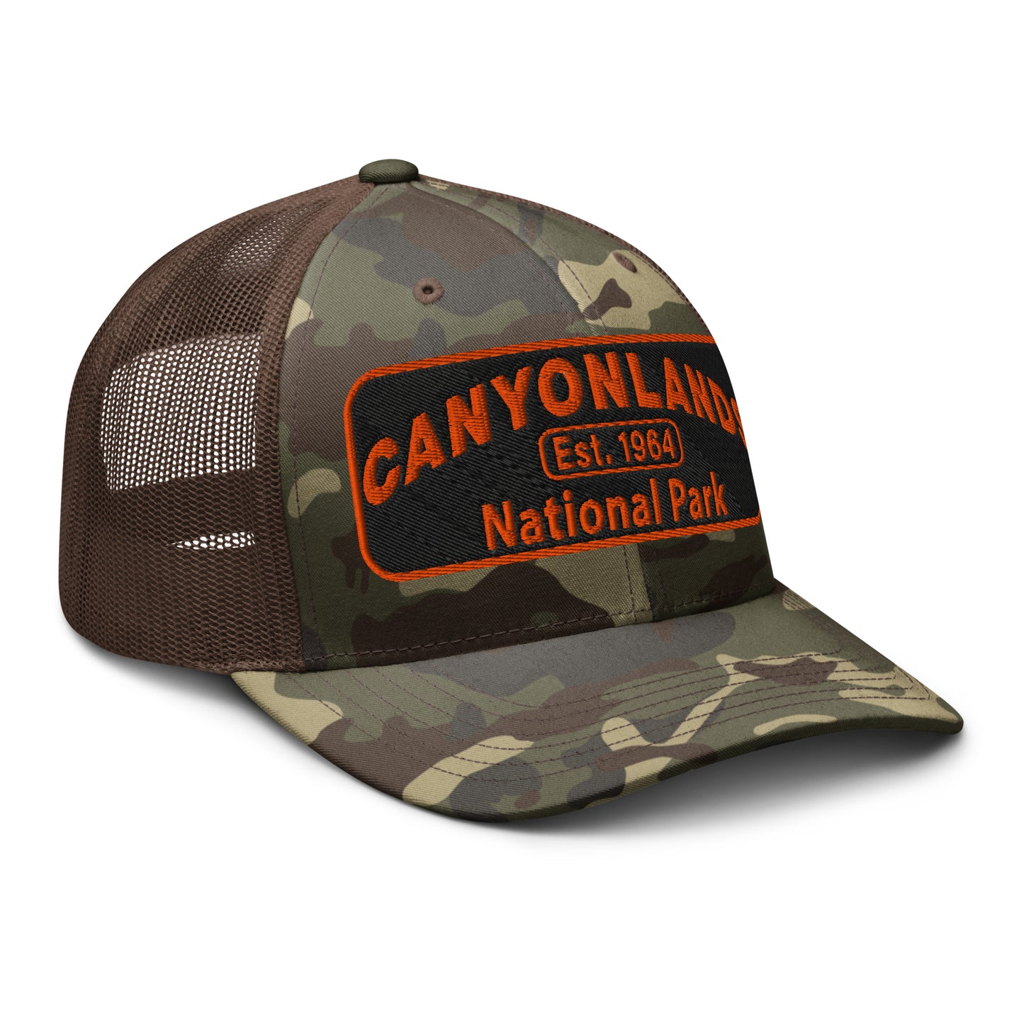 Canyonlands National Park Camo Hat - Black and orange embroidered patch logo -Otto 105-1247 Camo Trucker Hat - Side View - Color: Brown/Camo