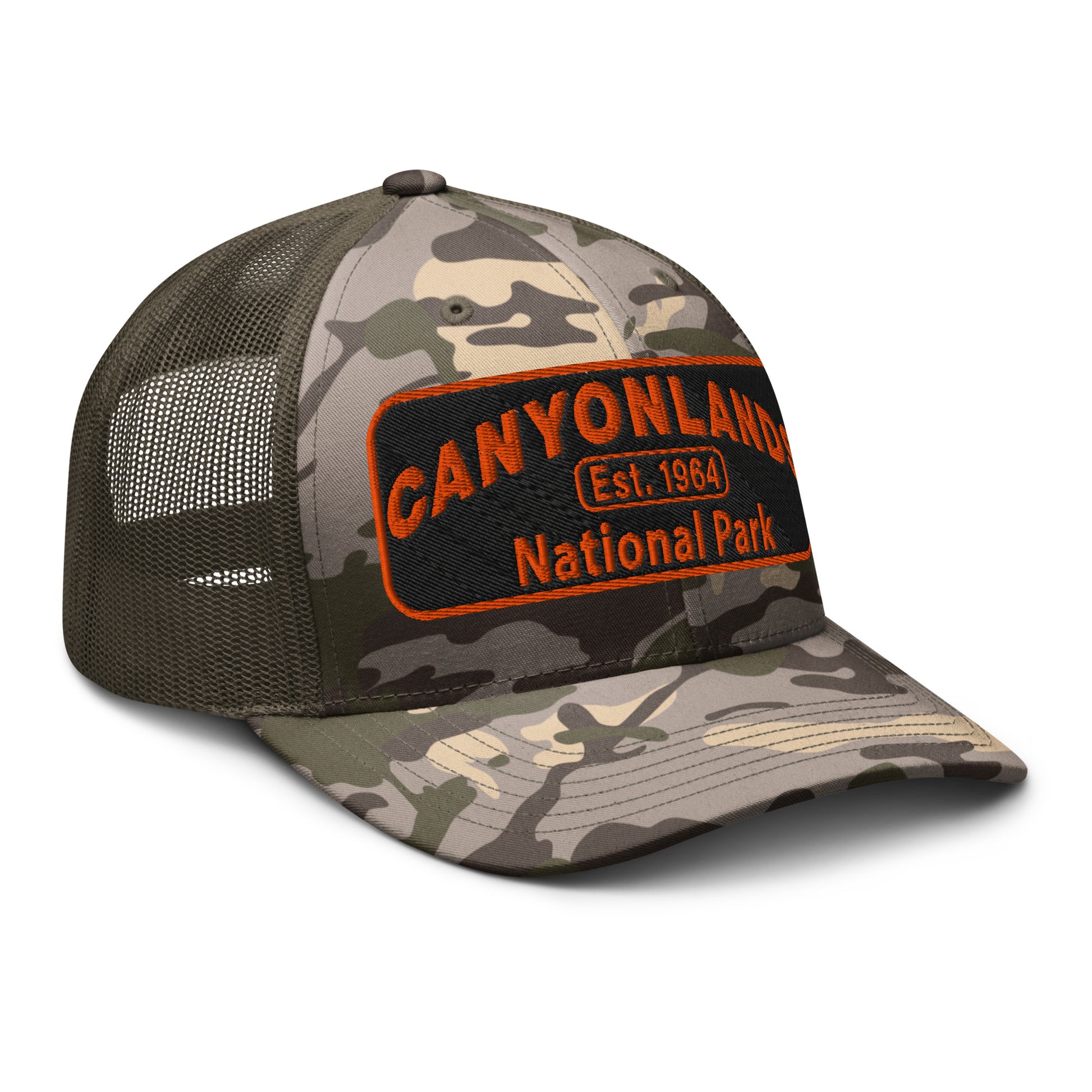 Canyonlands National Park Camo Hat - Black and orange embroidered patch logo -Otto 105-1247 Camo Trucker Hat - Side View - Color: Olive/Camo