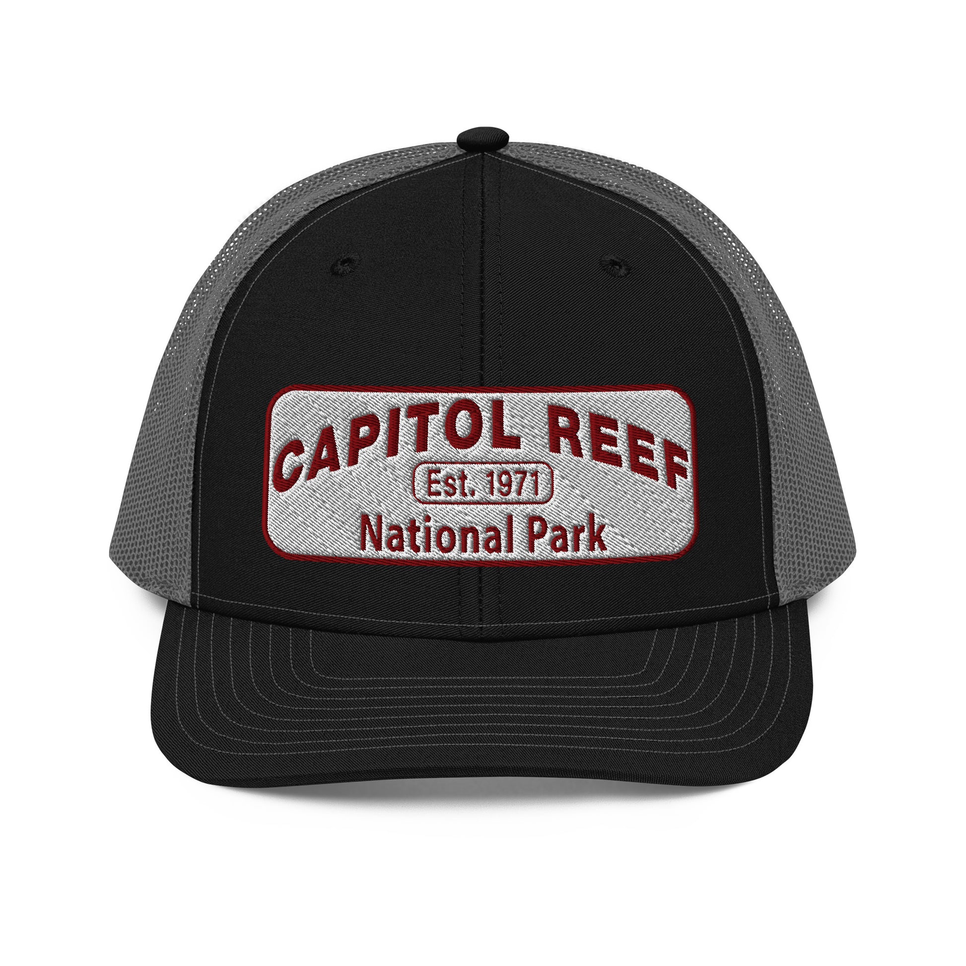 Capitol Reef National Park Camo Hat - White and Maroon embroidered logo - Richardson 112 Trucker Hat - Front View - Color: Black/Charcoal