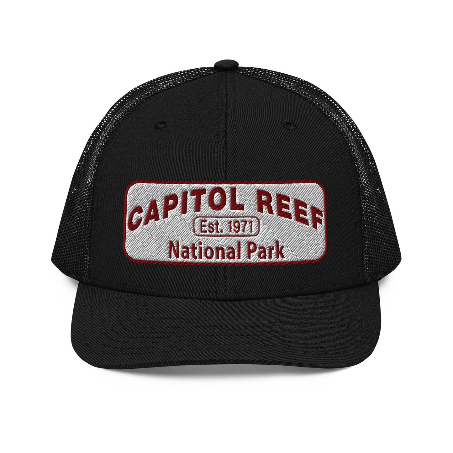 Capitol Reef National Park Camo Hat - White and Maroon embroidered logo - Richardson 112 Trucker Hat - Front View - Color: Black