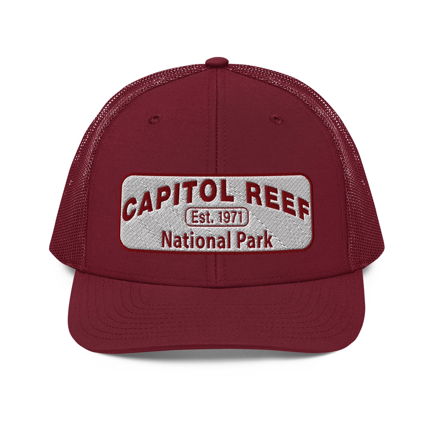 Capitol Reef National Park Camo Hat - White and Maroon embroidered logo - Richardson 112 Trucker Hat - Front View - Color: Cardinal