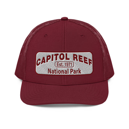 Capitol Reef National Park Camo Hat - White and Maroon embroidered logo - Richardson 112 Trucker Hat - Front View - Color: Cardinal
