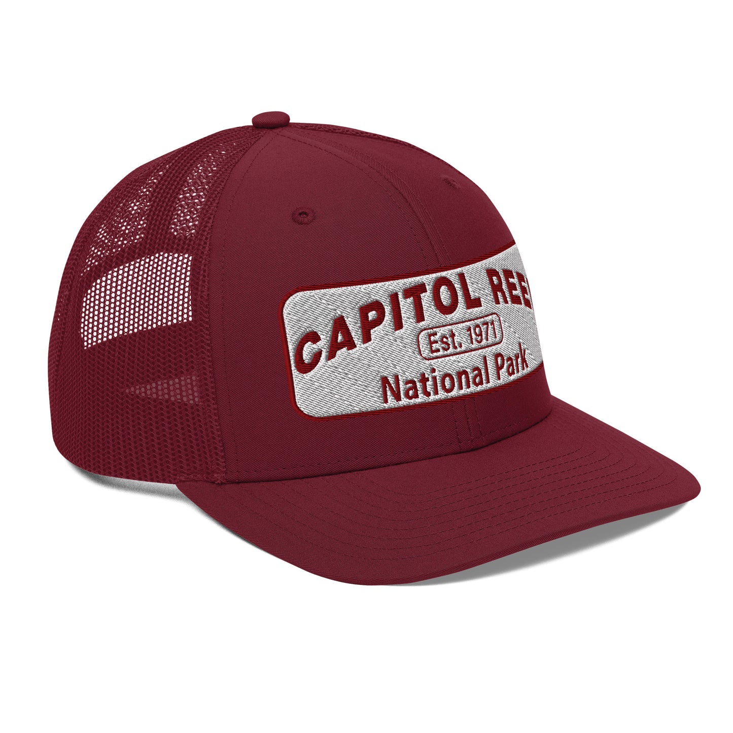 Capitol Reef National Park Camo Hat - White and Maroon embroidered logo - Richardson 112 Trucker Hat - Side View - Color: Cardinal