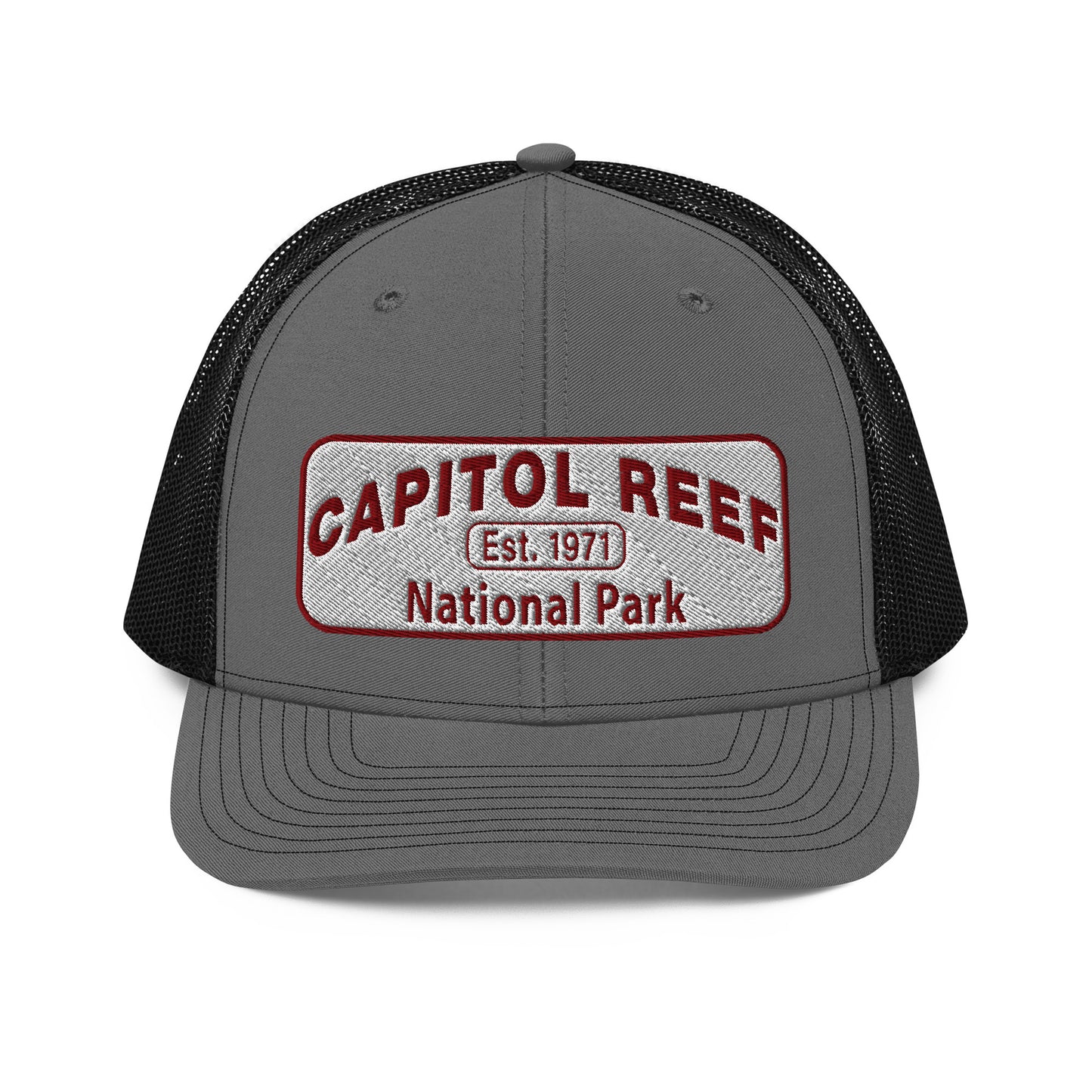 Capitol Reef National Park Camo Hat - White and Maroon embroidered logo - Richardson 112 Trucker Hat - Front View - Color: Charcoal/Black