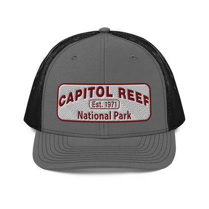 Capitol Reef National Park Camo Hat - White and Maroon embroidered logo - Richardson 112 Trucker Hat - Front View - Color: Charcoal/Black