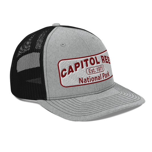 Capitol Reef National Park Camo Hat - White and Maroon embroidered logo - Richardson 112 Trucker Hat - Side View - Color: Heather/Black