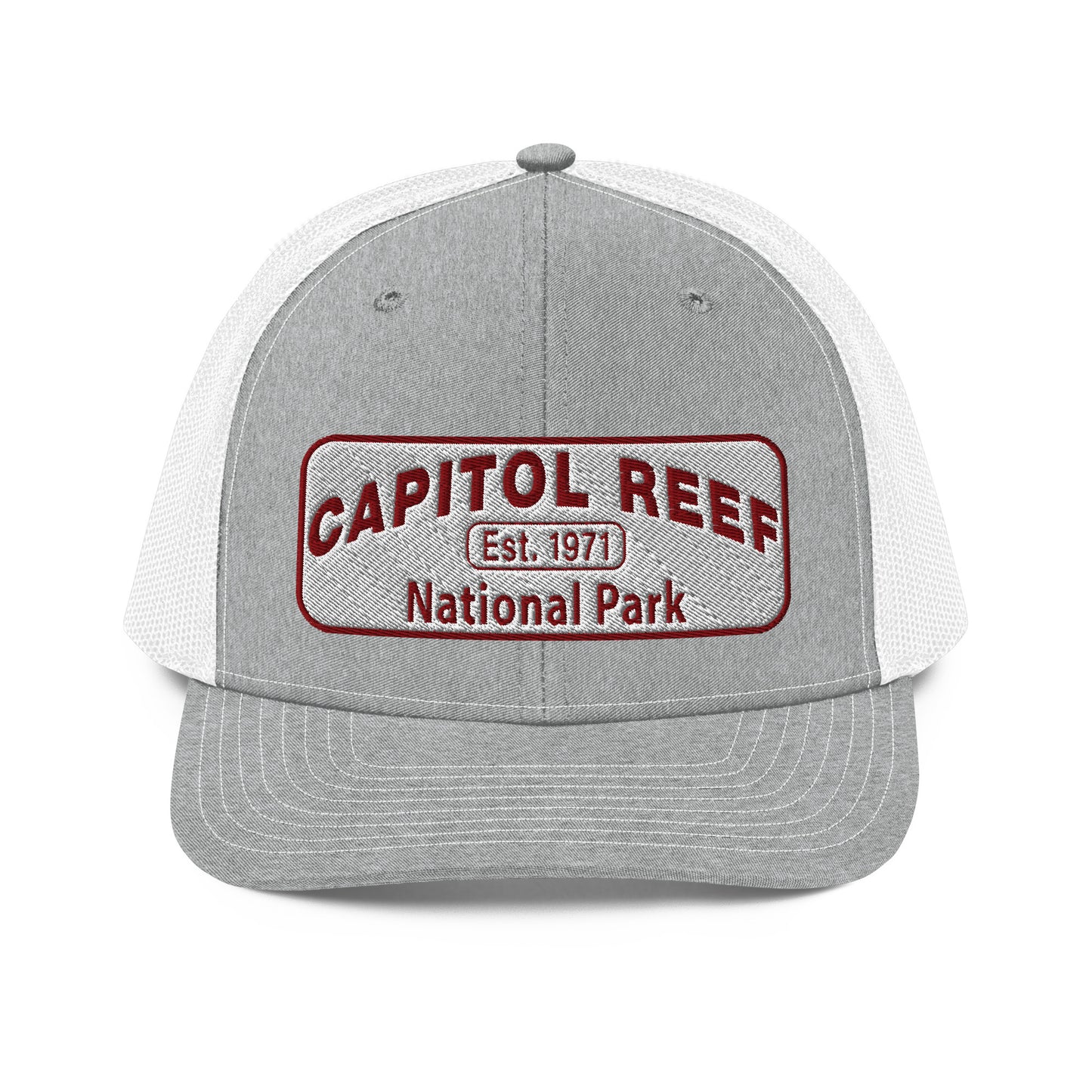 Capitol Reef National Park Camo Hat - White and Maroon embroidered logo - Richardson 112 Trucker Hat - Front View - Color: Heather/White