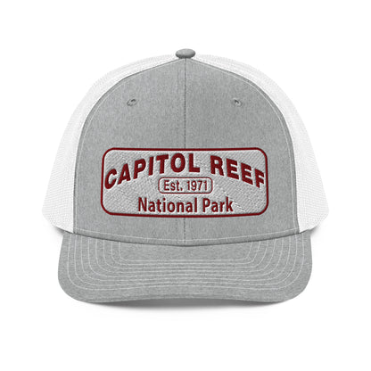 Capitol Reef National Park Camo Hat - White and Maroon embroidered logo - Richardson 112 Trucker Hat - Front View - Color: Heather/White