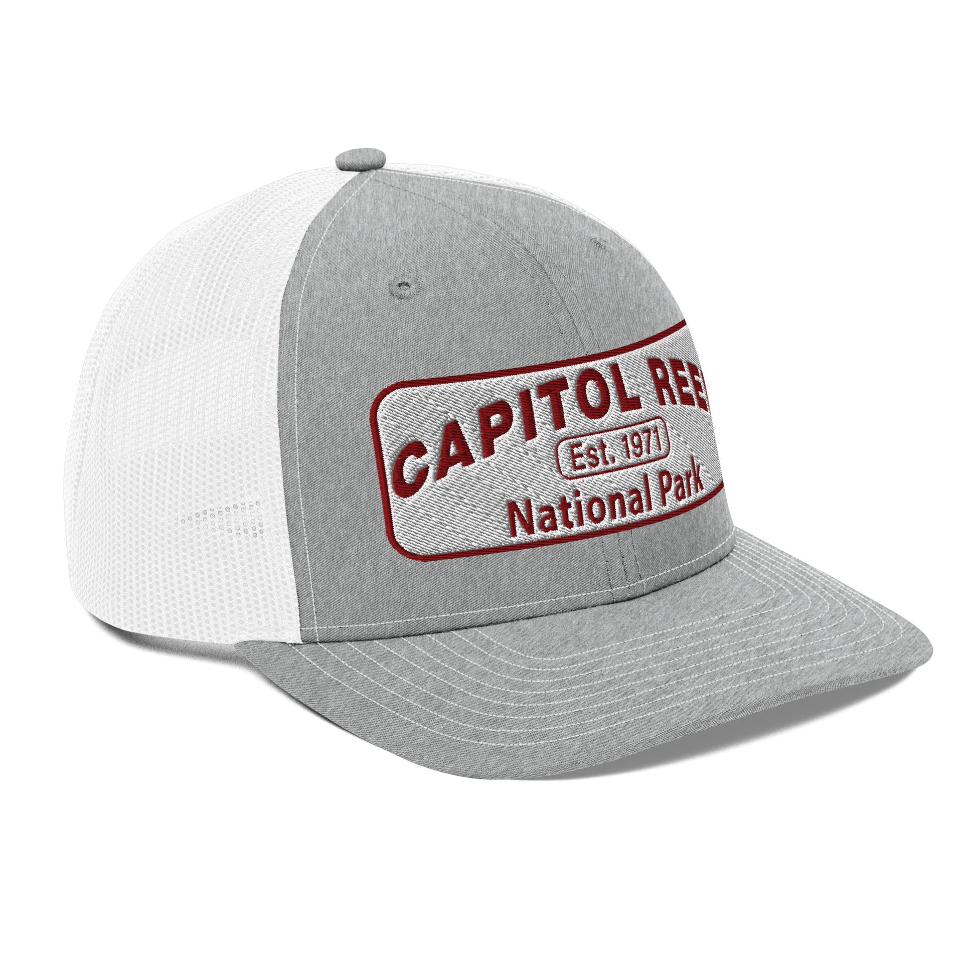 Capitol Reef National Park Camo Hat - White and Maroon embroidered logo - Richardson 112 Trucker Hat - Side View - Color: Heather/White