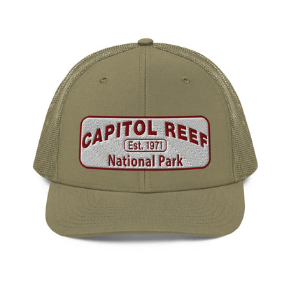 Capitol Reef National Park Camo Hat - White and Maroon embroidered logo - Richardson 112 Trucker Hat - Front View - Color: Loden