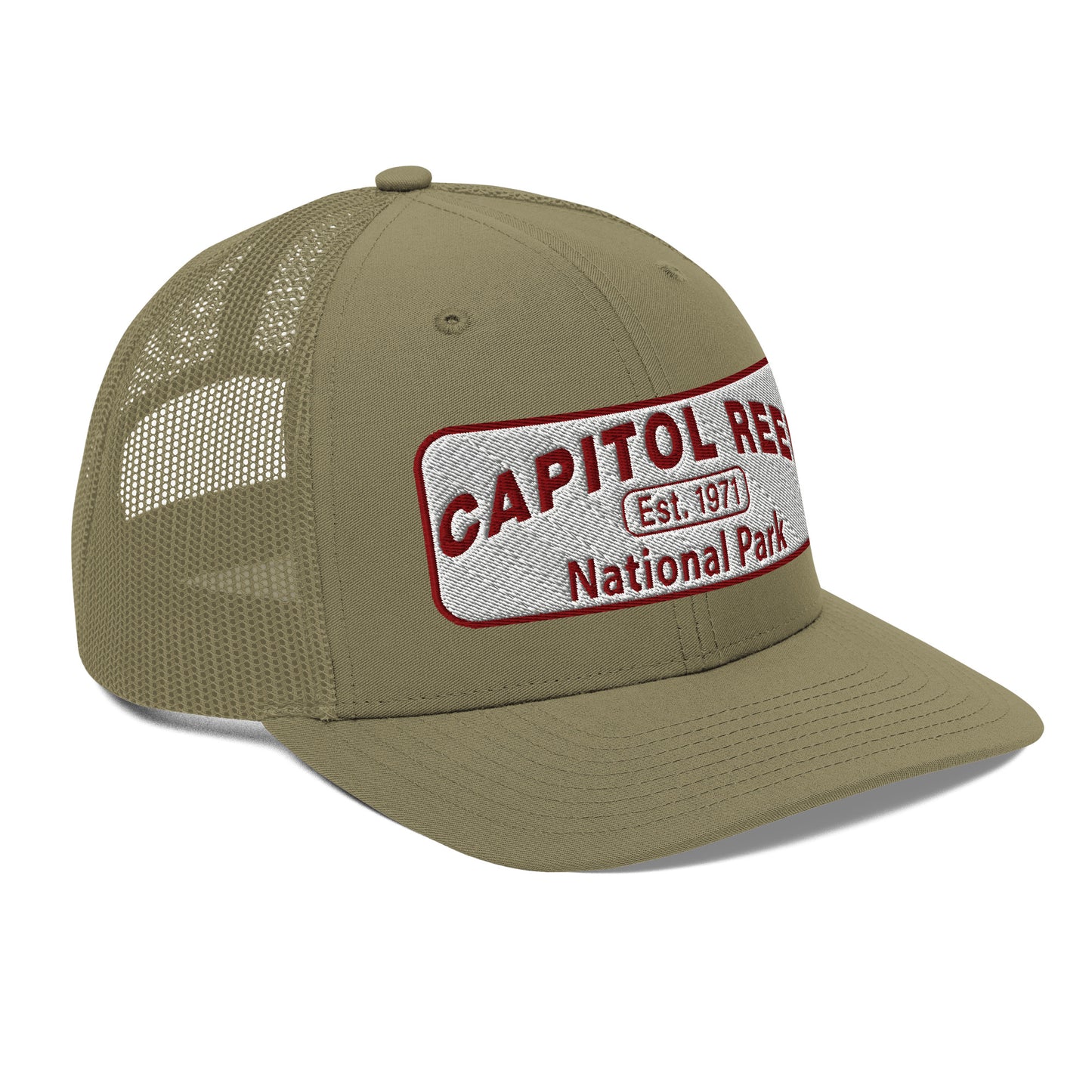 Capitol Reef National Park Camo Hat - White and Maroon embroidered logo - Richardson 112 Trucker Hat - Side View - Color: Loden