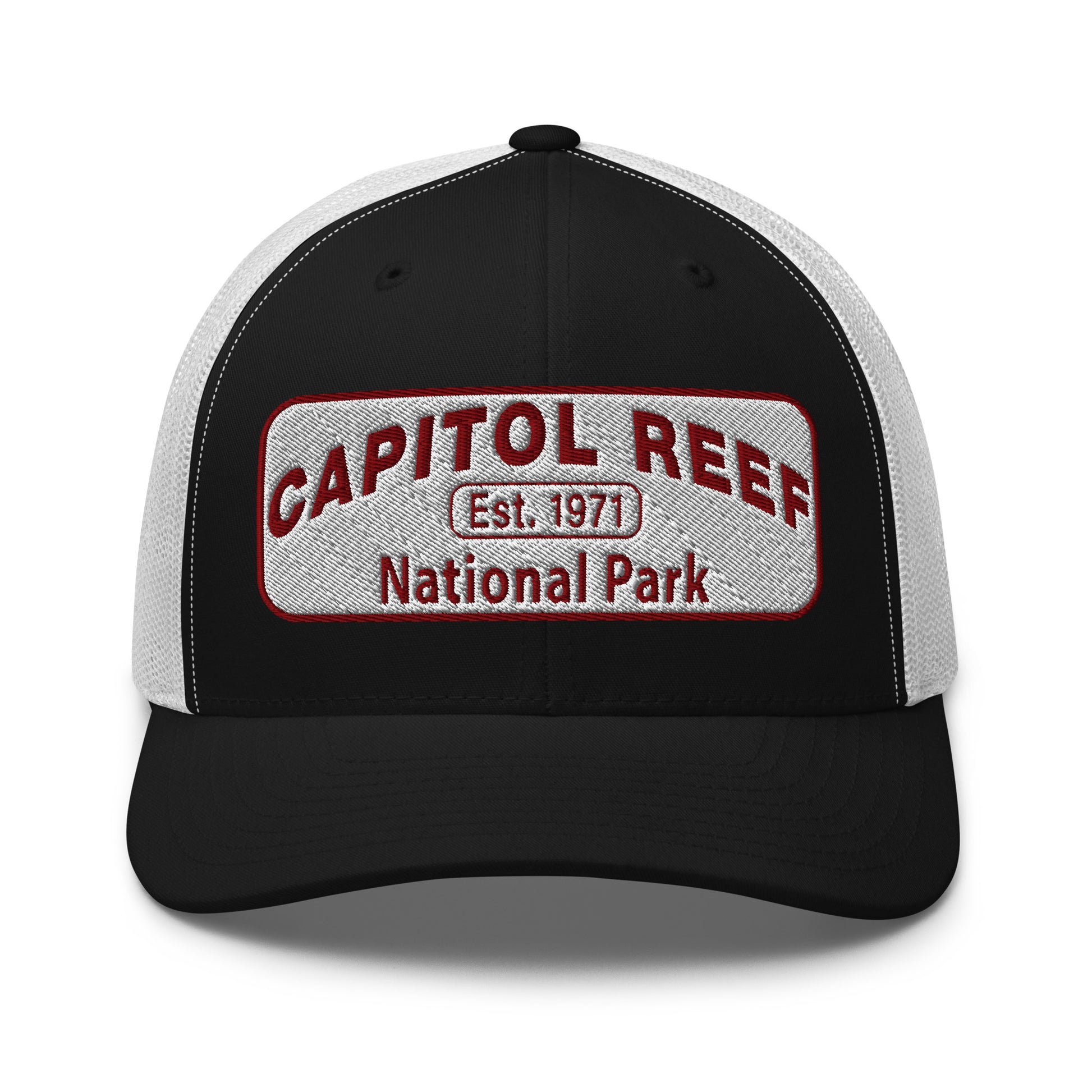 Capitol Reef National Park Camo Hat - White and Maroon embroidered logo - Yupoong 6606 Trucker Hat - Front View - Color: Black/White