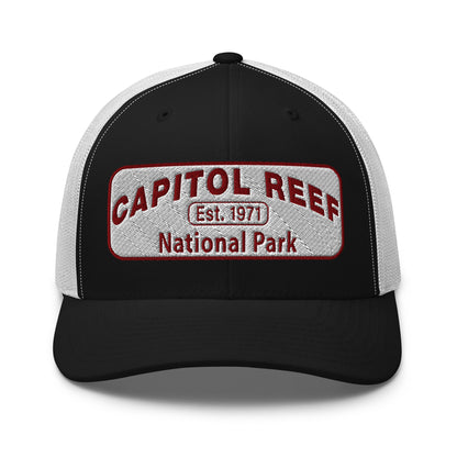 Capitol Reef National Park Camo Hat - White and Maroon embroidered logo - Yupoong 6606 Trucker Hat - Front View - Color: Black/White