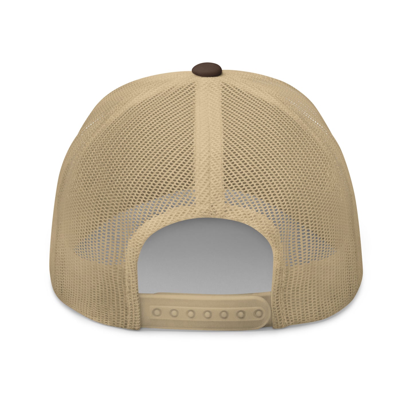 Capitol Reef National Park Camo Hat - White and Maroon embroidered logo - Yupoong 6606 Trucker Hat - Snapback View - Color: Brown/Khaki