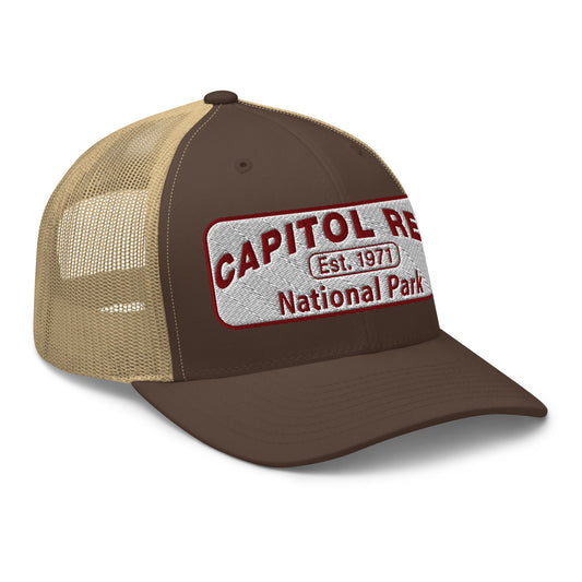 Capitol Reef National Park Camo Hat - White and Maroon embroidered logo - Yupoong 6606 Trucker Hat - Side View - Color: Brown/Khaki