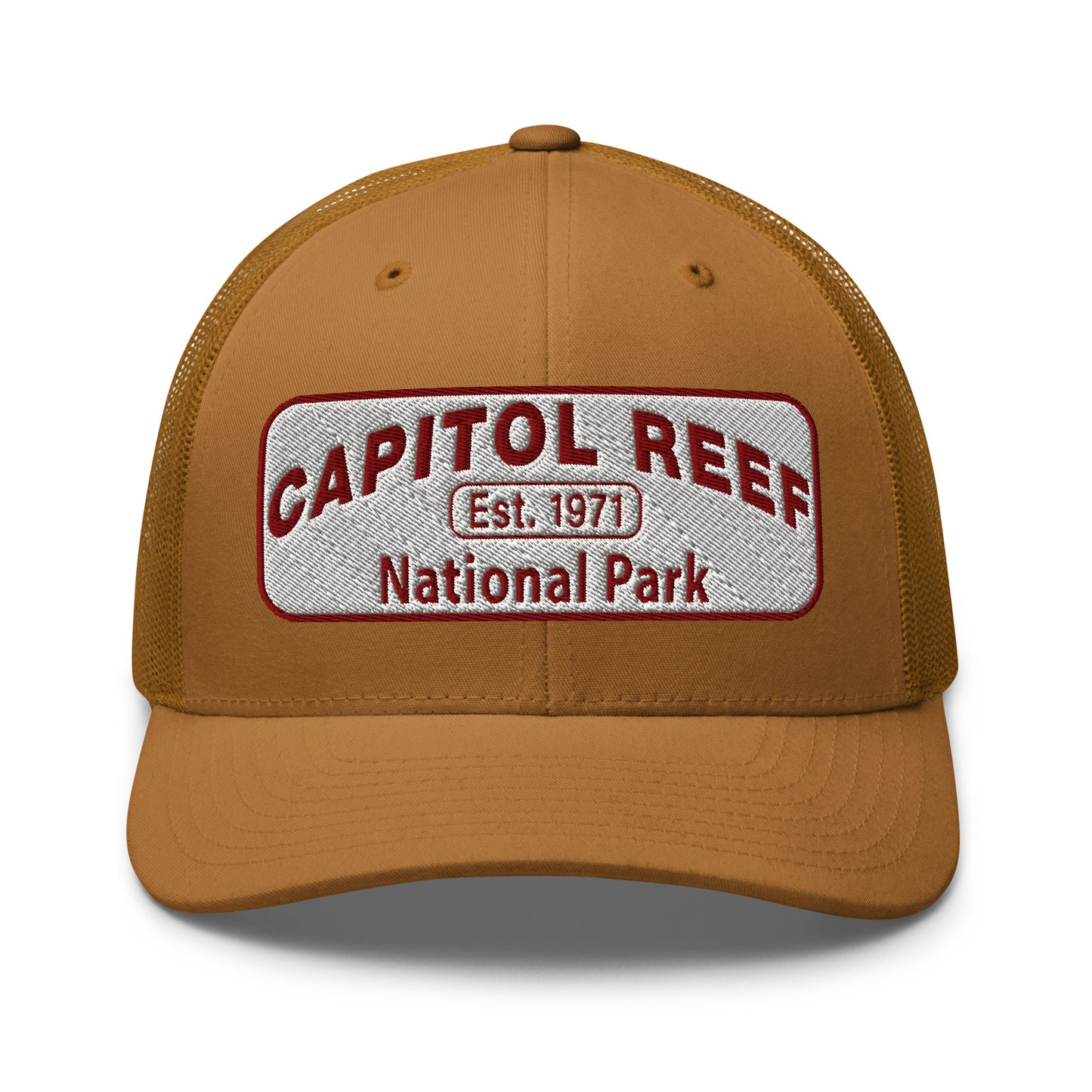 Capitol Reef National Park Camo Hat - White and Maroon embroidered logo - Yupoong 6606 Trucker Hat - Front View - Color: Caramel