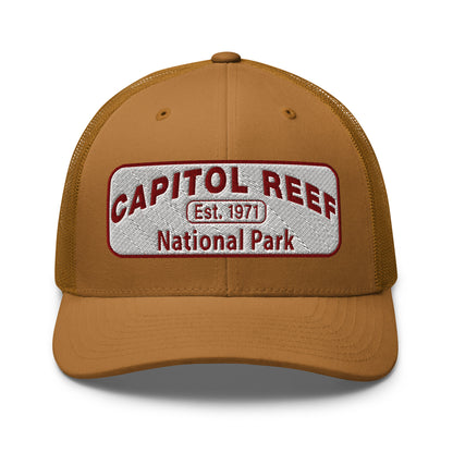 Capitol Reef National Park Camo Hat - White and Maroon embroidered logo - Yupoong 6606 Trucker Hat - Front View - Color: Caramel