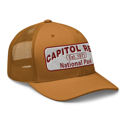 Capitol Reef National Park Camo Hat - White and Maroon embroidered logo - Yupoong 6606 Trucker Hat - Side View - Color: Caramel