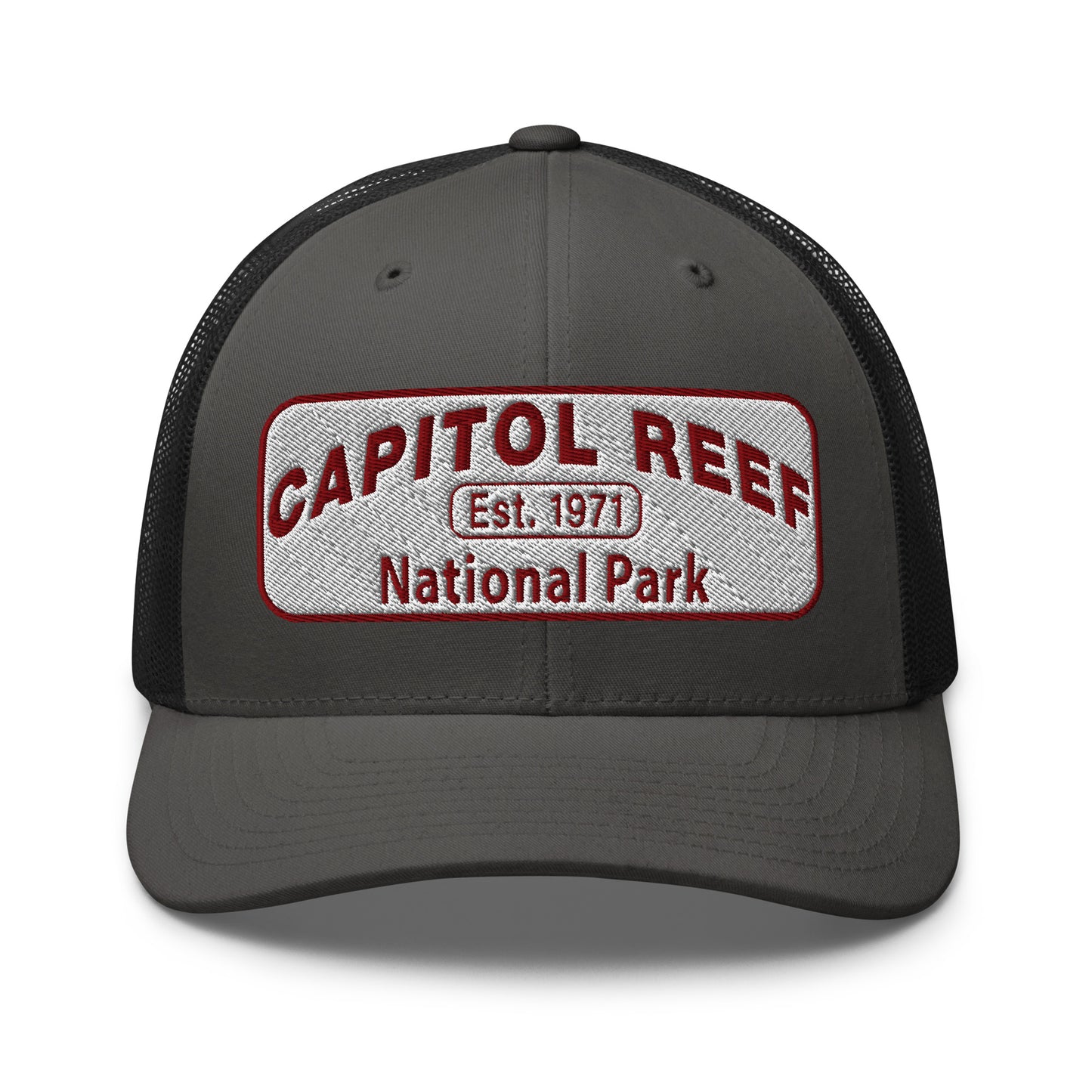 Capitol Reef National Park Camo Hat - White and Maroon embroidered logo - Yupoong 6606 Trucker Hat - Front View - Color: Charcoal/Black