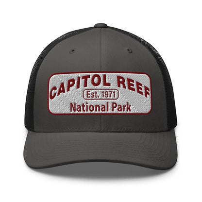 Capitol Reef National Park Camo Hat - White and Maroon embroidered logo - Yupoong 6606 Trucker Hat - Front View - Color: Charcoal/Black