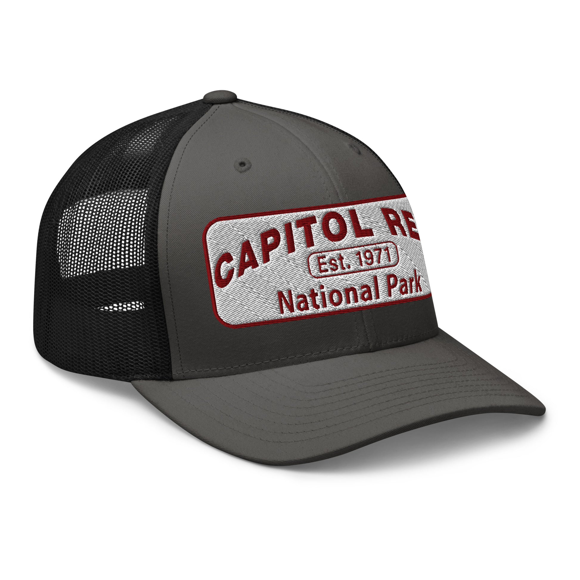 Capitol Reef National Park Camo Hat - White and Maroon embroidered logo - Yupoong 6606 Trucker Hat - Side View - Color: Charcoal/Black