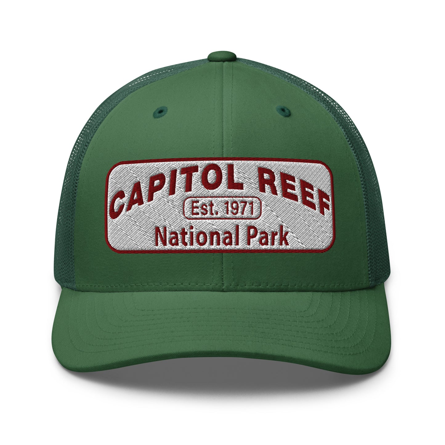 Capitol Reef National Park Camo Hat - White and Maroon embroidered logo - Yupoong 6606 Trucker Hat - Front View - Color: Evergreen