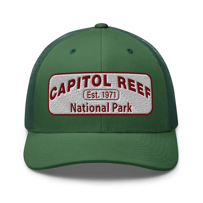 Capitol Reef National Park Camo Hat - White and Maroon embroidered logo - Yupoong 6606 Trucker Hat - Front View - Color: Evergreen