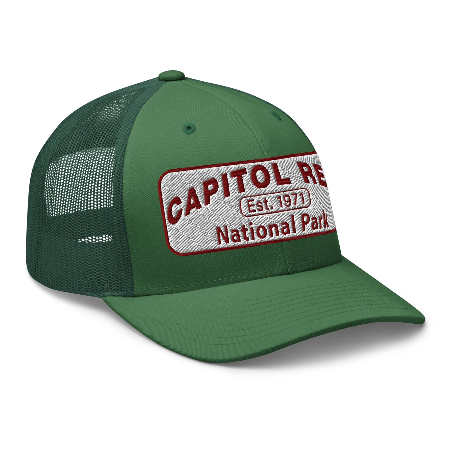 Capitol Reef National Park Camo Hat - White and Maroon embroidered logo - Yupoong 6606 Trucker Hat - Side View - Color: Evergreen
