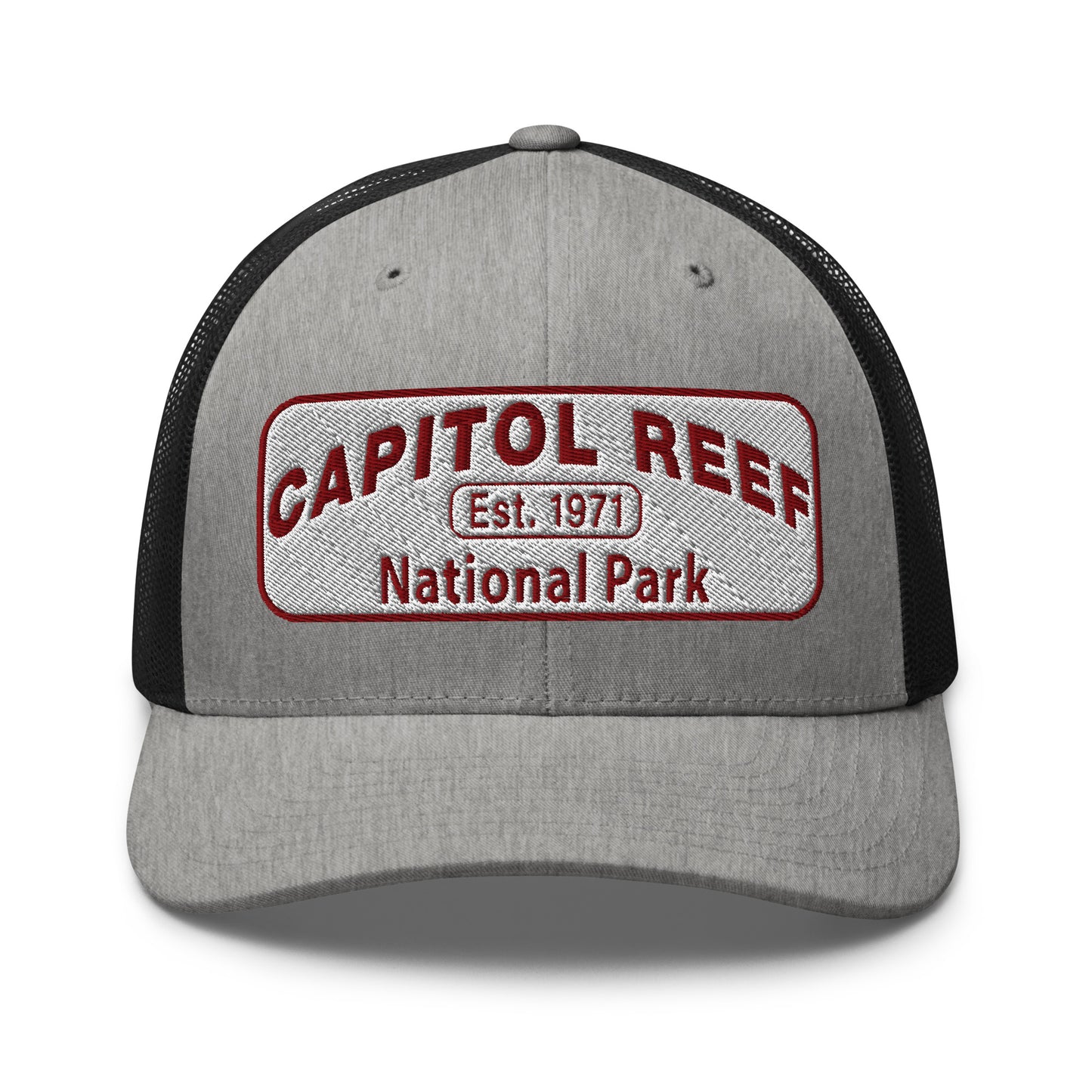 Capitol Reef National Park Camo Hat - White and Maroon embroidered logo - Yupoong 6606 Trucker Hat - Front View - Color: Heather/Black