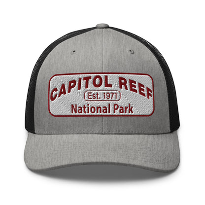 Capitol Reef National Park Camo Hat - White and Maroon embroidered logo - Yupoong 6606 Trucker Hat - Front View - Color: Heather/Black