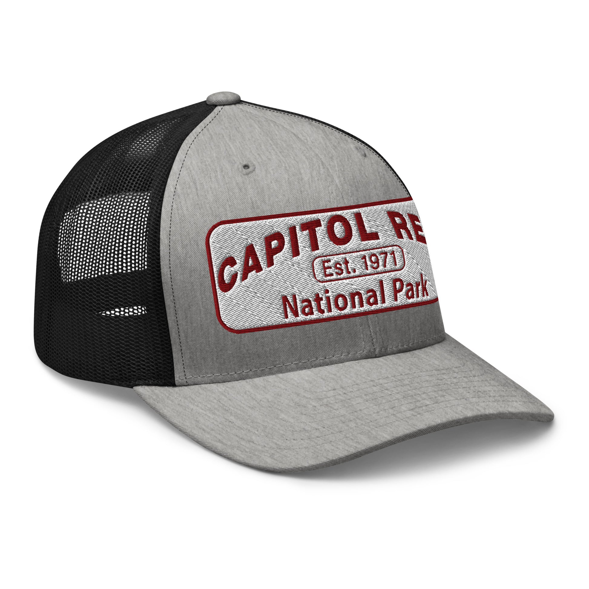 Capitol Reef National Park Camo Hat - White and Maroon embroidered logo - Yupoong 6606 Trucker Hat - Side View - Color: Heather/Black