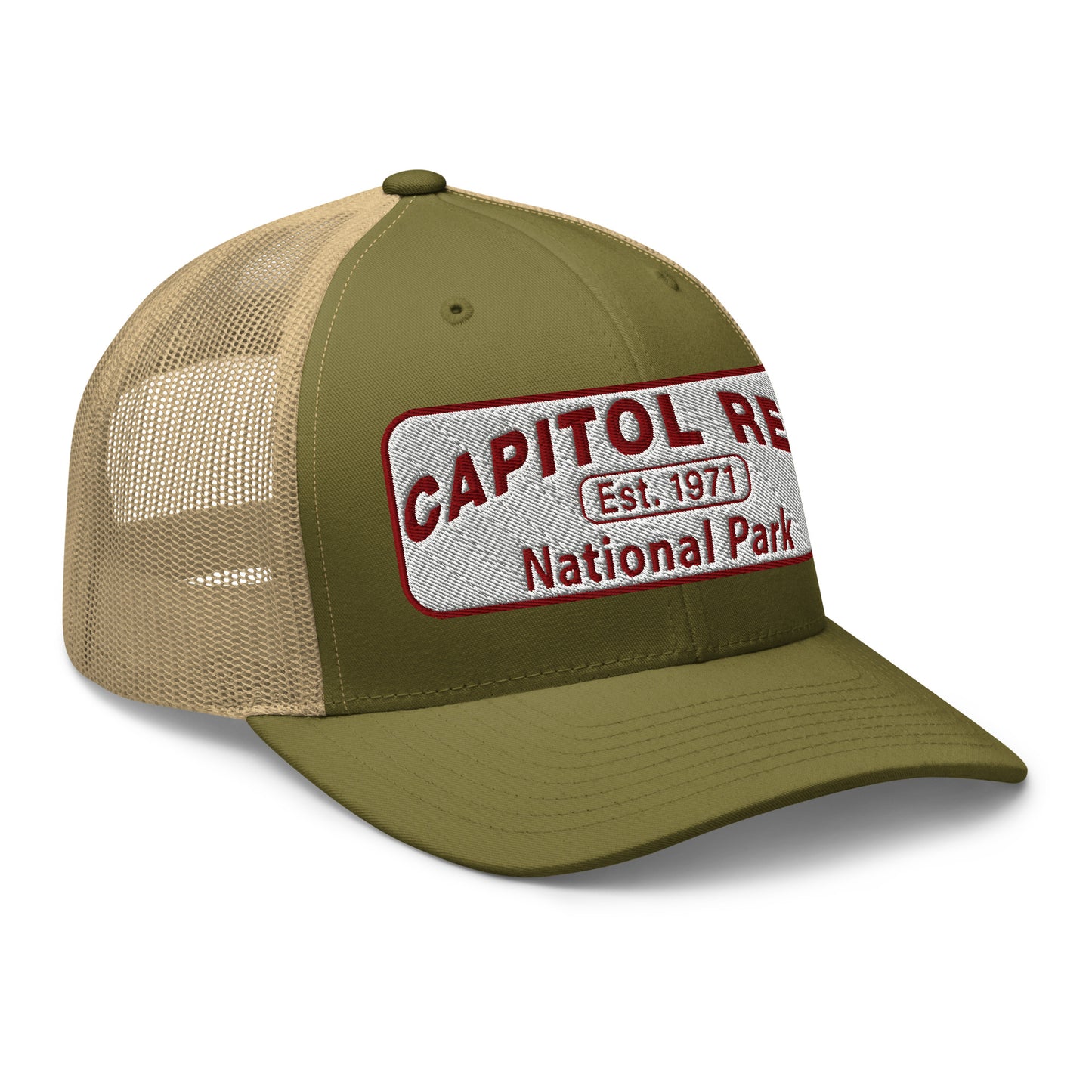 Capitol Reef National Park Camo Hat - White and Maroon embroidered logo - Yupoong 6606 Trucker Hat - Side View - Color: Moss Green/Khaki