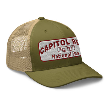 Capitol Reef National Park Camo Hat - White and Maroon embroidered logo - Yupoong 6606 Trucker Hat - Side View - Color: Moss Green/Khaki