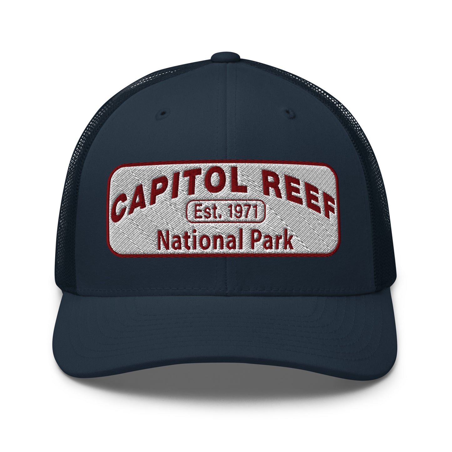 Capitol Reef National Park Camo Hat - White and Maroon embroidered logo - Yupoong 6606 Trucker Hat - Front View - Color: Navy