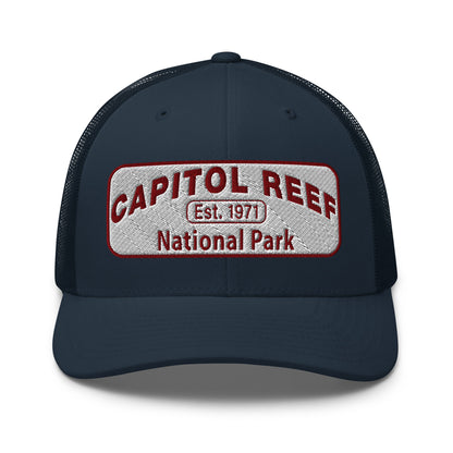 Capitol Reef National Park Camo Hat - White and Maroon embroidered logo - Yupoong 6606 Trucker Hat - Front View - Color: Navy