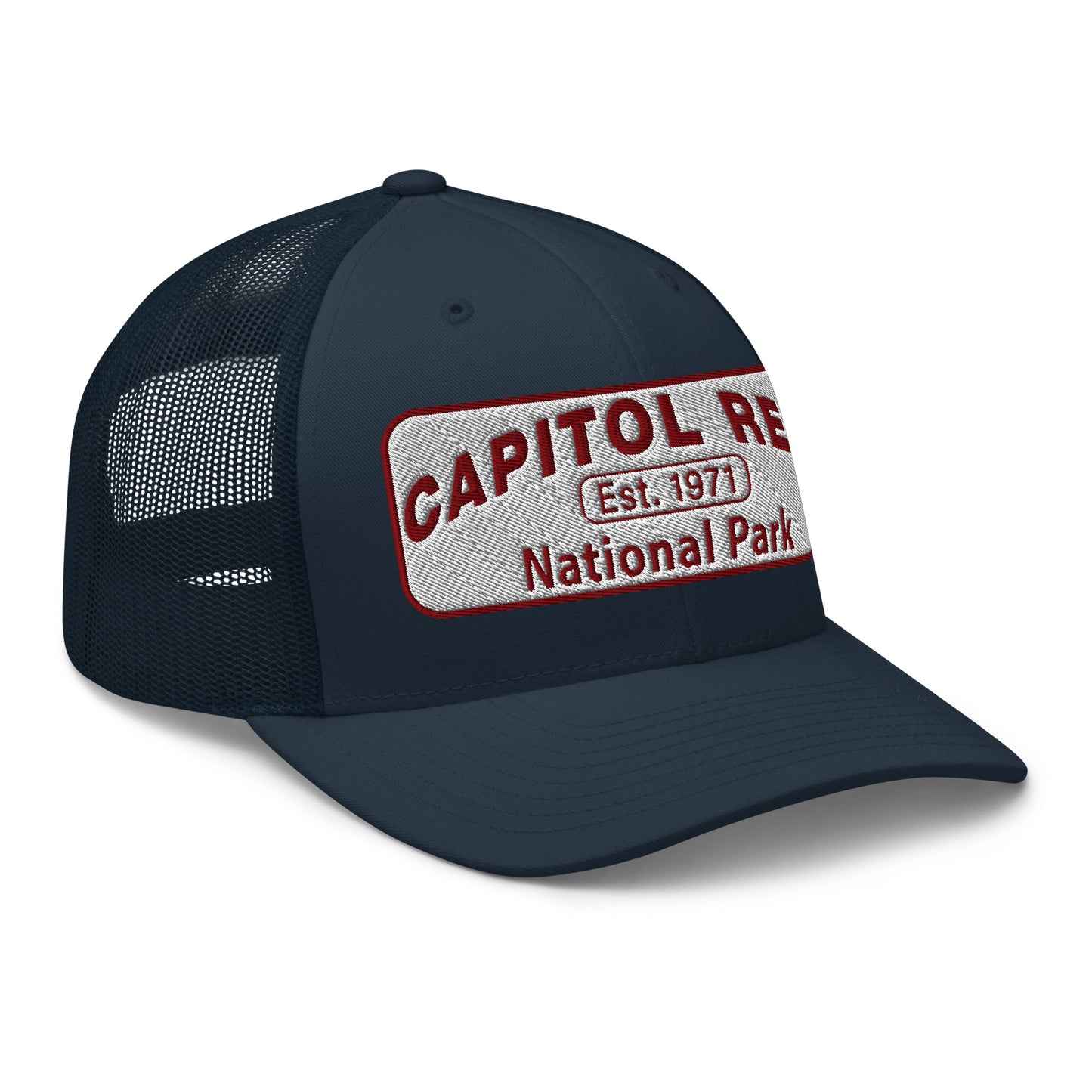 Capitol Reef National Park Camo Hat - White and Maroon embroidered logo - Yupoong 6606 Trucker Hat - Side View - Color: Navy