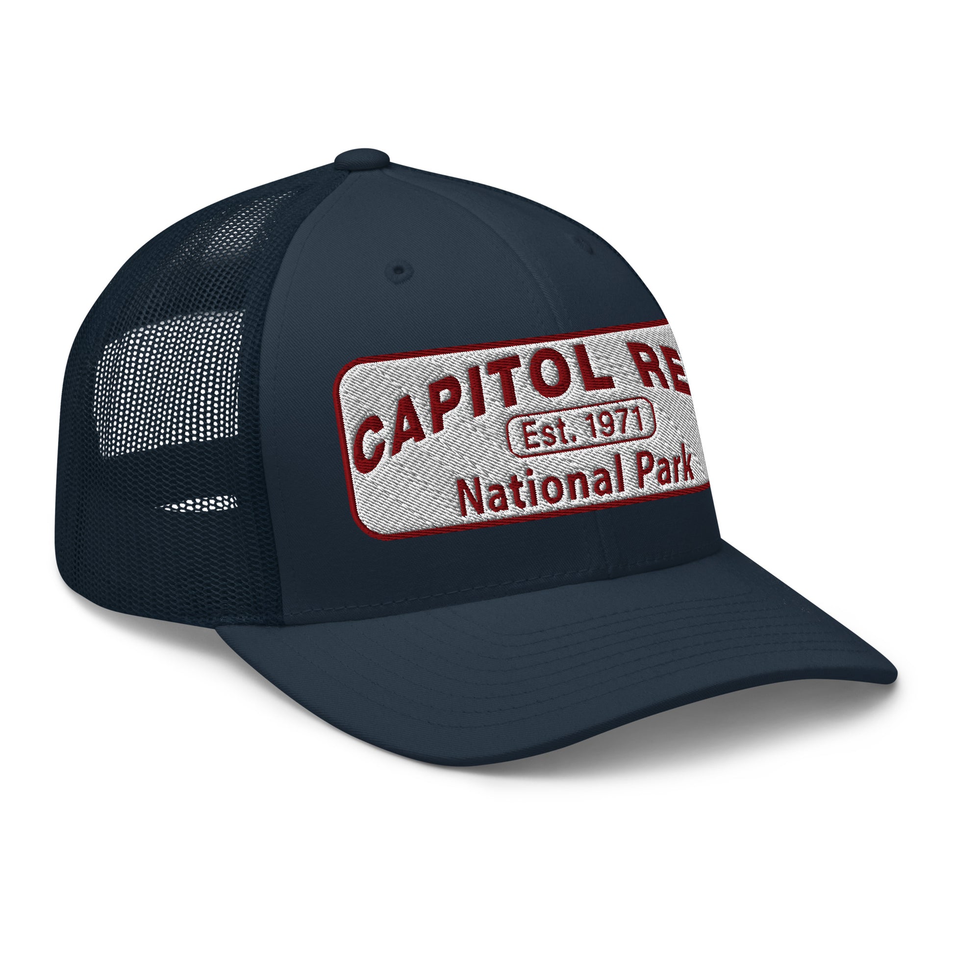Capitol Reef National Park Camo Hat - White and Maroon embroidered logo - Yupoong 6606 Trucker Hat - Side View - Color: Navy