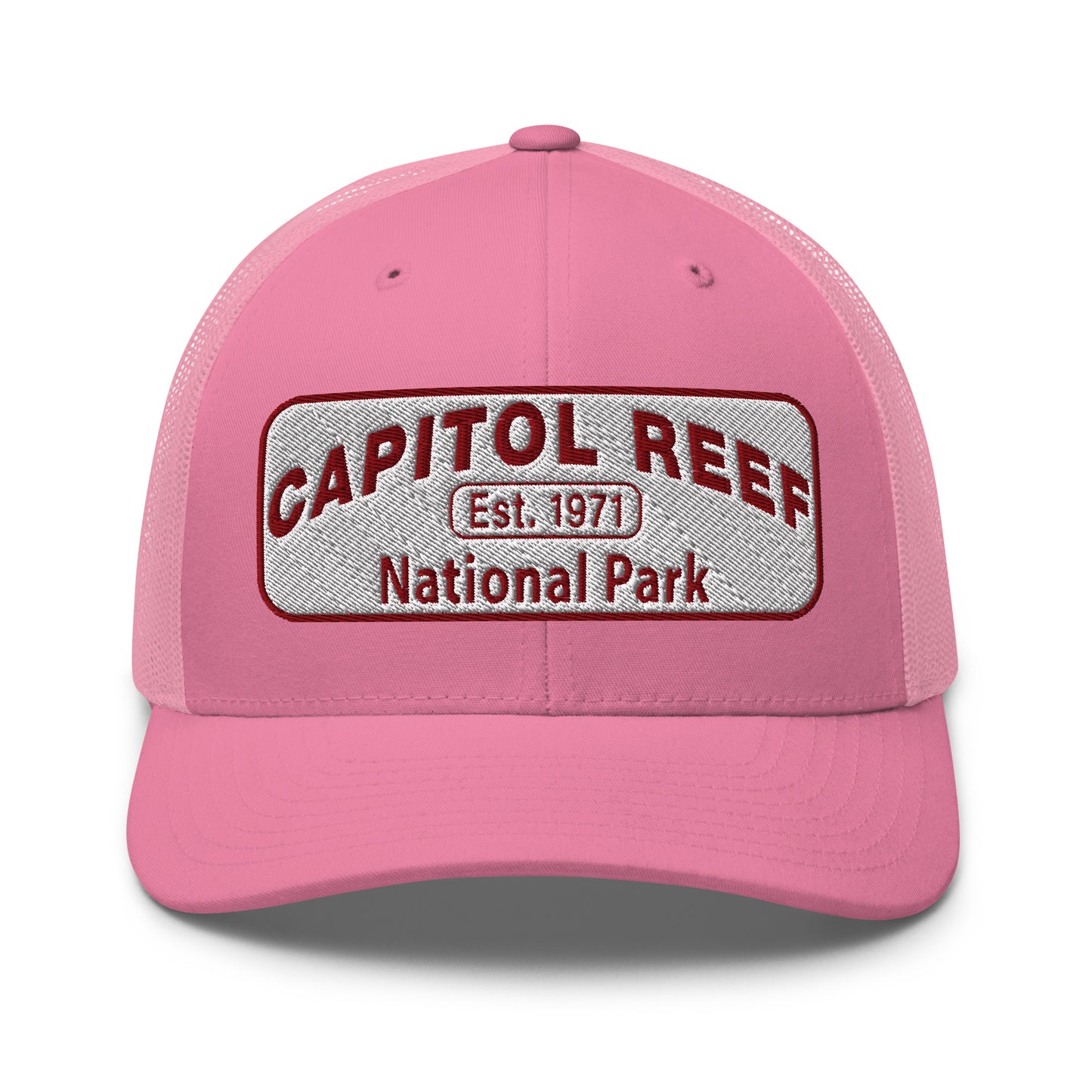 Capitol Reef National Park Camo Hat - White and Maroon embroidered logo - Yupoong 6606 Trucker Hat - Front View - Color: Pink