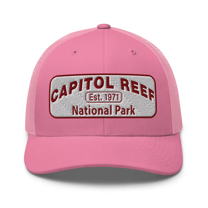 Capitol Reef National Park Camo Hat - White and Maroon embroidered logo - Yupoong 6606 Trucker Hat - Front View - Color: Pink