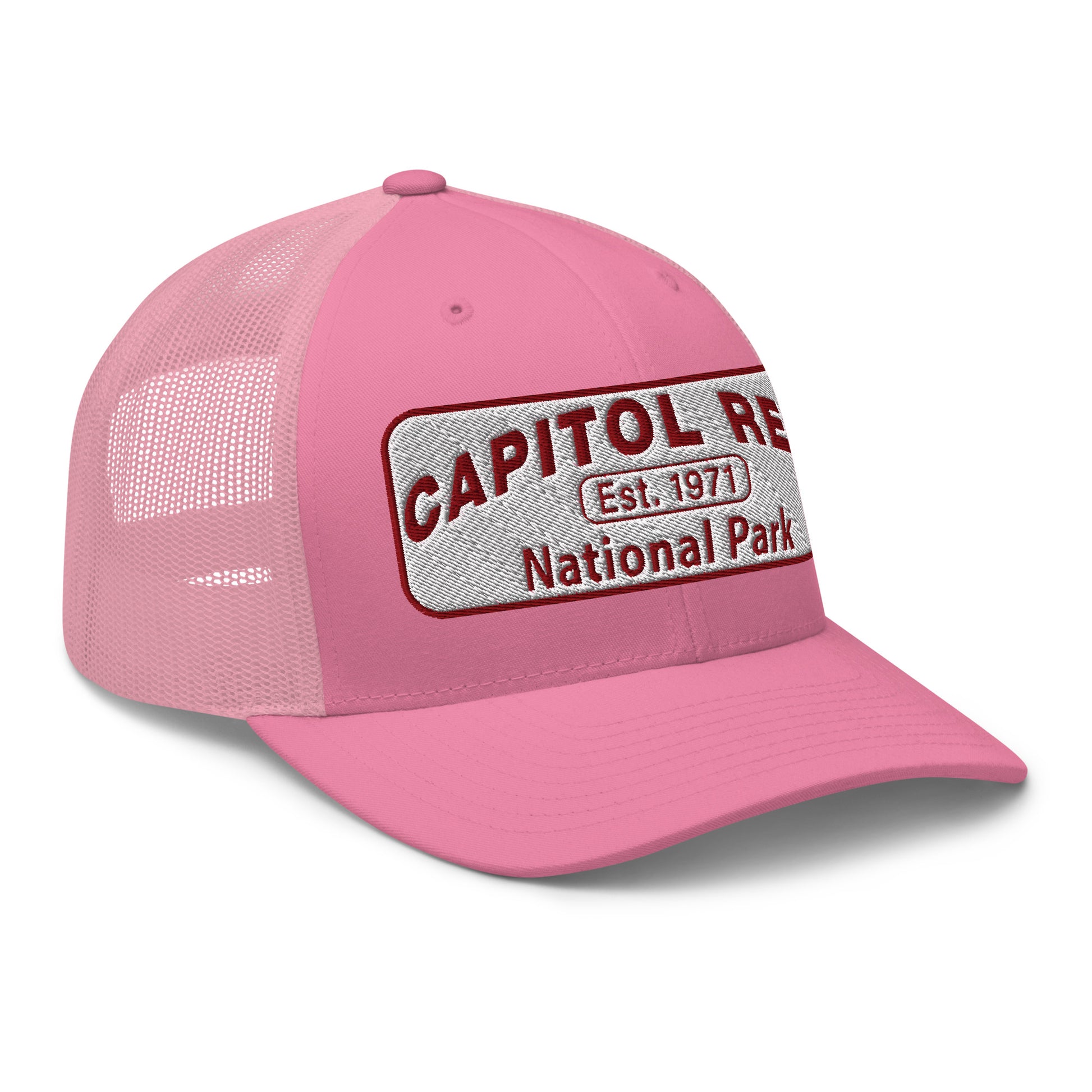 Capitol Reef National Park Camo Hat - White and Maroon embroidered logo - Yupoong 6606 Trucker Hat - Side View - Color: Pink