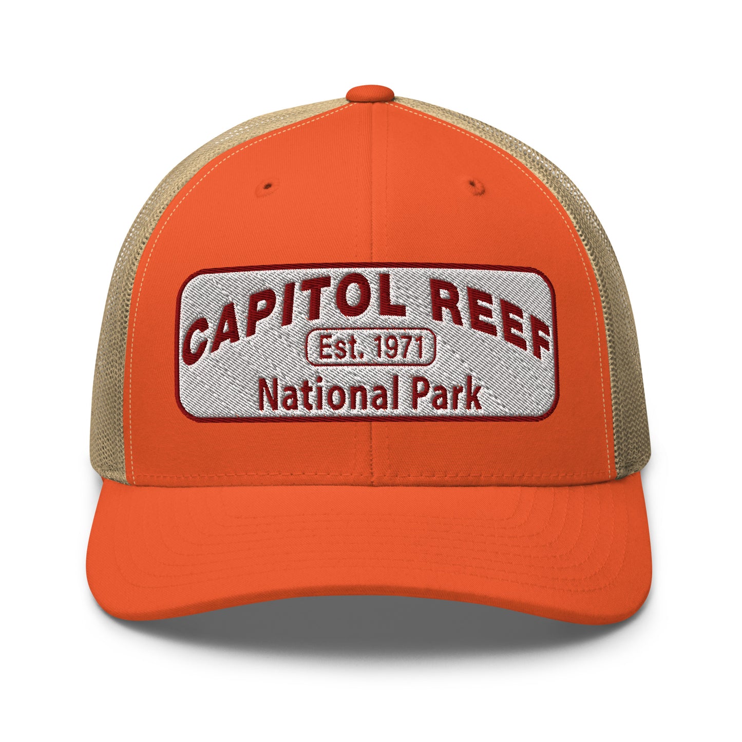 Capitol Reef National Park Camo Hat - White and Maroon embroidered logo - Yupoong 6606 Trucker Hat - Front View - Color: Orange/Khaki