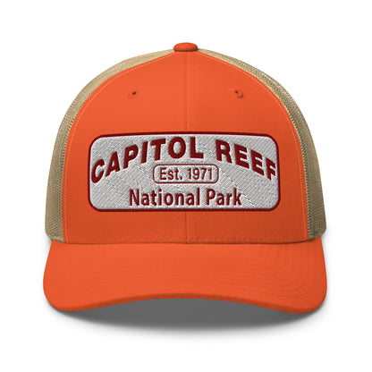 Capitol Reef National Park Camo Hat - White and Maroon embroidered logo - Yupoong 6606 Trucker Hat - Front View - Color: Orange/Khaki