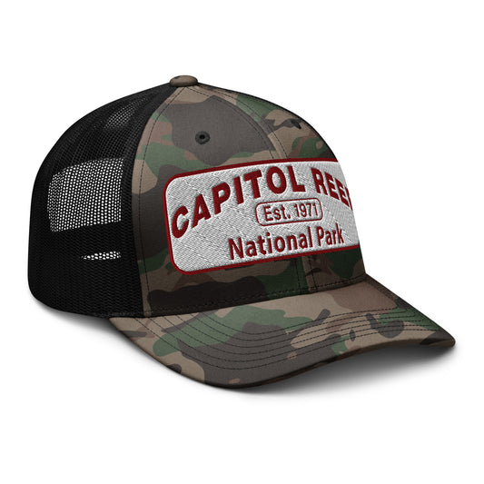 Capitol Reef National Park Camo Hat - White and Maroon embroidered logo - Otto 105-1247 Camo Trucker Hat - Side View - Color: Black/Camo
